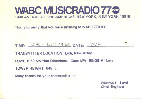 wabc qsl letter card station reporting 1976 sent